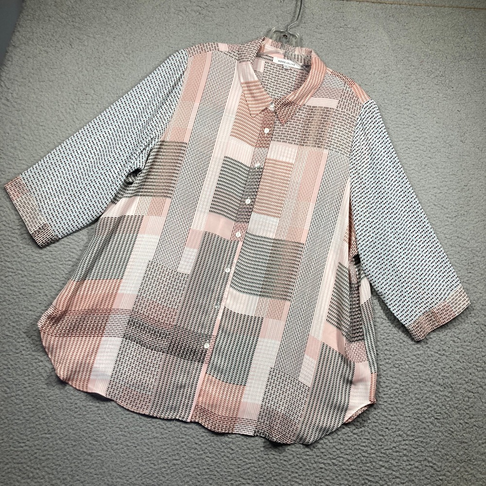 Rose + Olive Button Up Top Womens 1X‎ Pink Geometric Patchwork 3/4 Sleeve Flowy